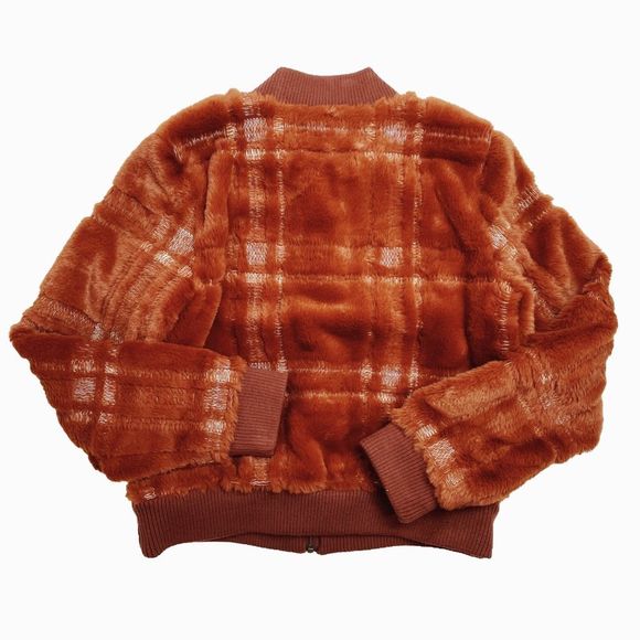 Anthropologie Teddy Bomber Jacket Pockets Lined Plaid Orange Red XS - Picture 2 of 8